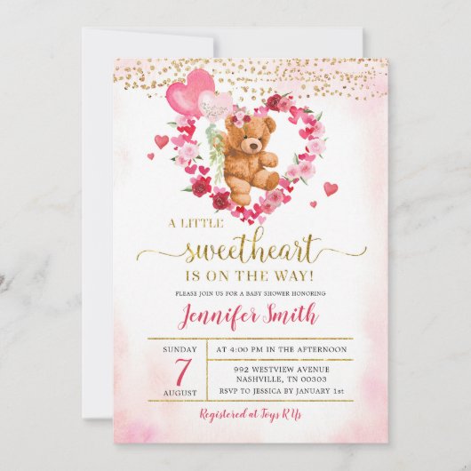 Coeur rose Valentine Ours Baby shower Invitation (Devant)