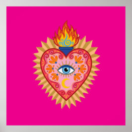 Cœur Sacré Mexicain avec Œil Protecteur et Flamme  Poster