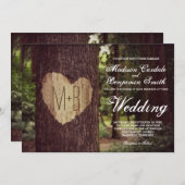 Coeur sculpté Arbre rustique Invitations de mariag (Devant / Derrière)