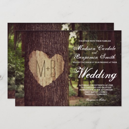 Coeur sculpté Arbre rustique Invitations de mariag (Devant / Derrière)