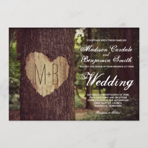 Coeur sculpté Arbre rustique Invitations de mariag