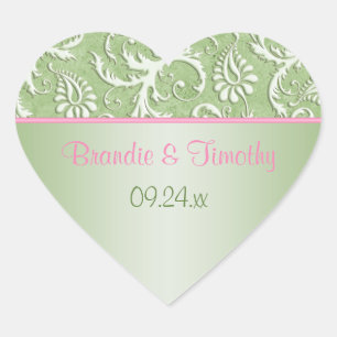 Cœur Sticker cardiaque rose et vert Damask floral 1,5 p