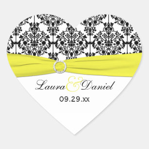 Cœur Sticker Coeur noir blanc jaune Damas 1,5"