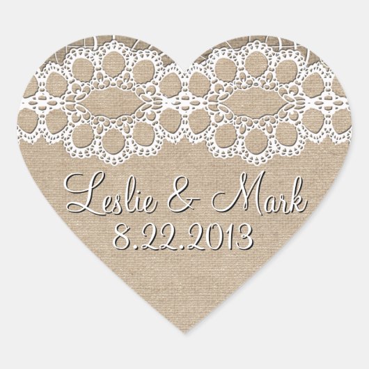 Cœur Sticker de date Mariage Burlap and Lace Shabby (Devant)