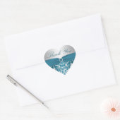 Cœur Sticker en argent et en Merci Damas Turquoise (Enveloppe)