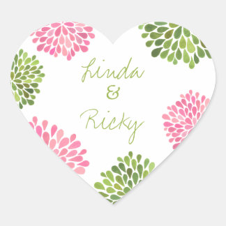Cœur Sticker Mariage en fleurs de coeur rose et vert