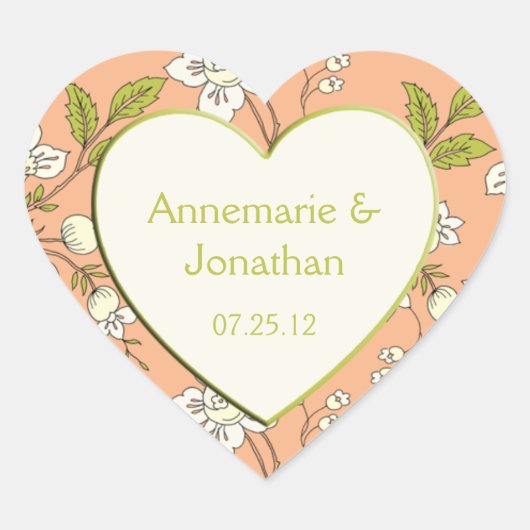 Cœur Sticker Mariage Fleurs Vertes Crème Pêche (Devant)