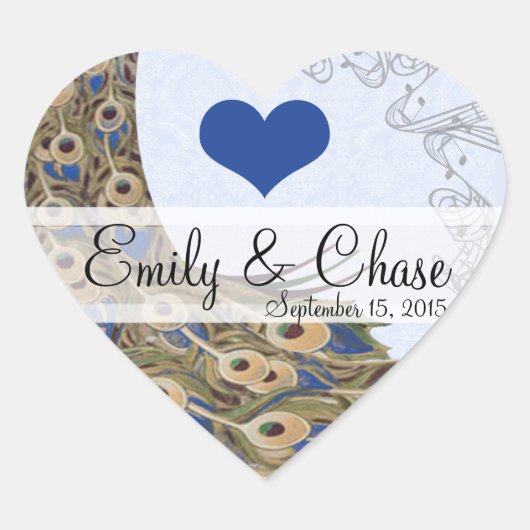 Cœur Sticker Mariage Royal Blue Peacock Feathers (Devant)
