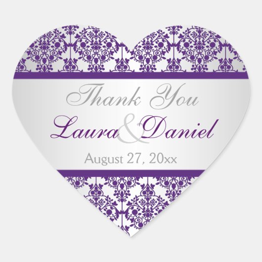Cœur Sticker Privilège Mariage damassé Argent et Violet (Devant)