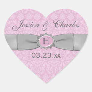 Cœur Sticker vintage rose, gris Mariage damassé Favour