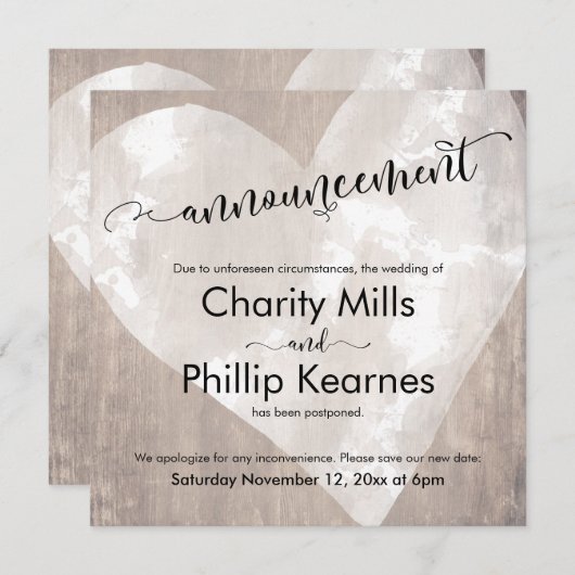 Coeur sur bois Reporté Mariage Faire-part (Devant / Derrière)