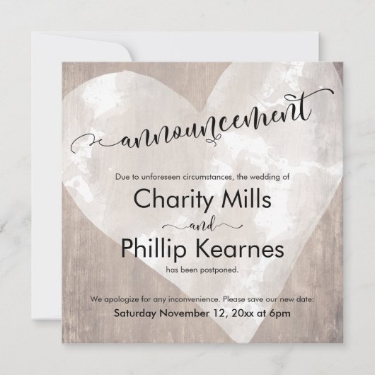 Coeur sur bois Reporté Mariage Faire-part (Devant)