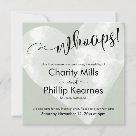 Coeur sur Sage Green Oups! Carte Mariage reportée (Devant)