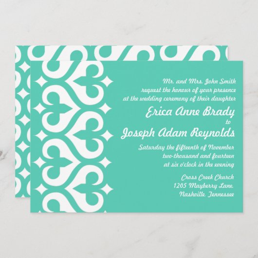 Coeur Turquoise moderne Fleur de Lis Faire-part de (Devant / Derrière)