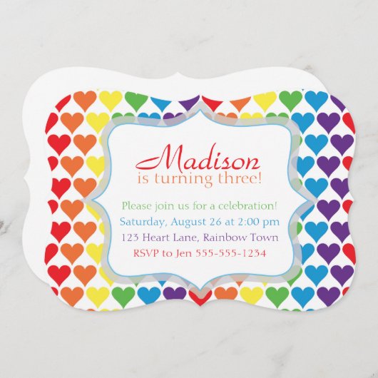 Coeurs arc-en-ciel Invitation d'anniversaire (Devant / Derrière)