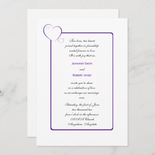 Coeurs bordés Faire-part de mariage violet (Devant / Derrière)