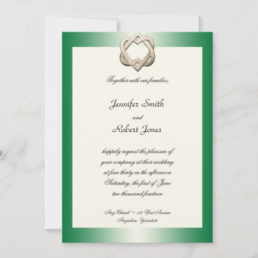 Coeurs celtiques sur le faire-part de mariage vert (Devant)