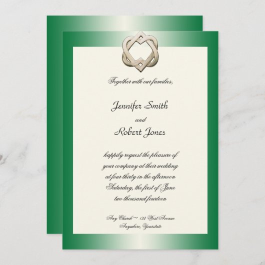 Coeurs celtiques sur le faire-part de mariage vert (Devant / Derrière)