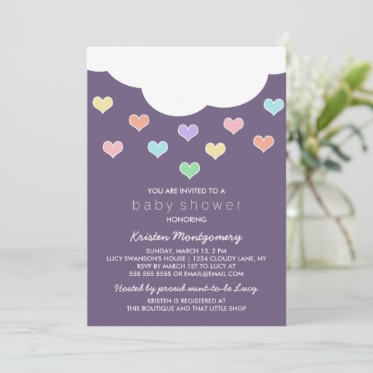 Coeurs Cloud & Pastel | Invitation Baby shower vio (Debout devant)