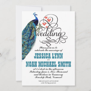 Coeurs de paon vintage Invitation Turquoise et cor