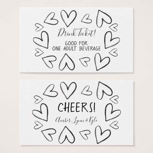 Coeurs décontractés. Billet de boisson noir sur bl (Devant & derrière)