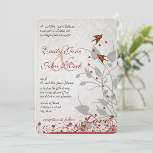 Cœurs d'oiseaux rouges vintage sur invitations de