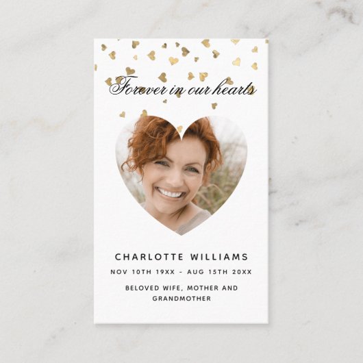 Coeurs d'or blanc photo carte de prière funéraire (Devant)