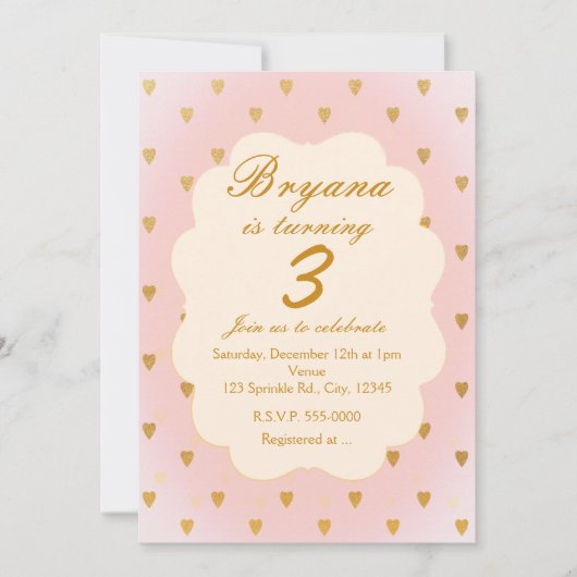 Coeurs d'or et filles roses Invitation de fête d'a (Devant)