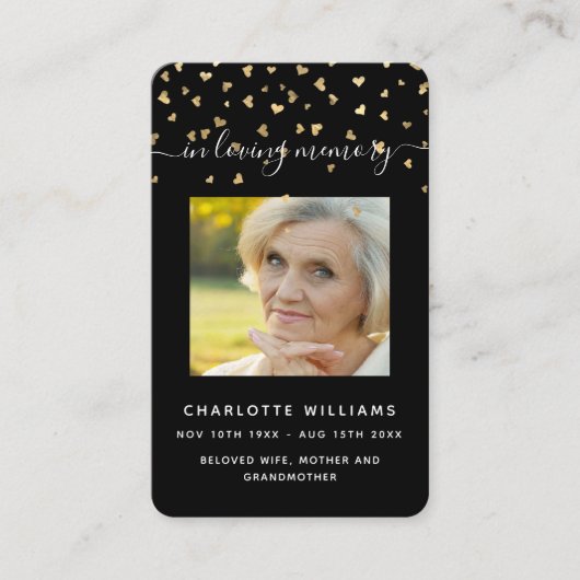 Coeurs d'or noir photo carte de prière funéraire (Devant)