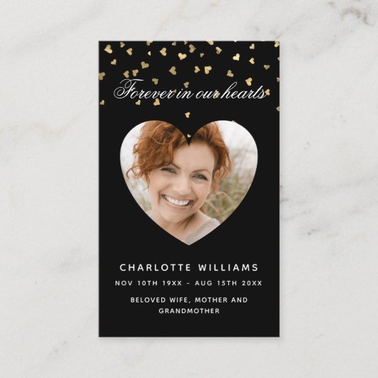 Coeurs d'or noir photo carte de prière funéraire (Devant)