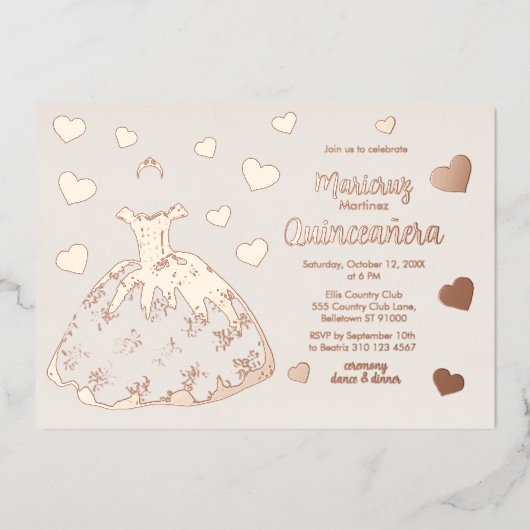Coeurs d'or Rose ivoire Quinceañera Invitation (Recto)