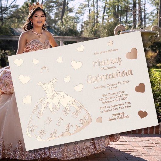 Coeurs d'or Rose ivoire Quinceañera Invitation