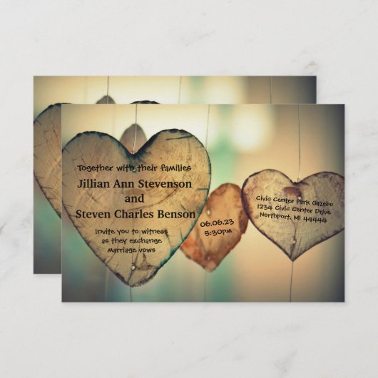 Coeurs en bois rustique - Faire-part de mariage 3x (Devant / Derrière)
