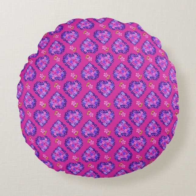 Coeurs et fleurs magenta chic Coussin rond (Devant)