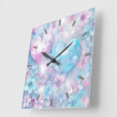 Coeurs et fleurs roses Aqua Horloge murale (Angle)