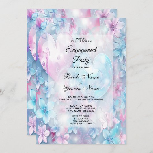 Coeurs et fleurs roses Aqua Invitation Fiançailles (Devant / Derrière)