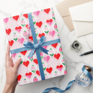 Cœurs et fleurs sur papier cadeau diamant Saint Va