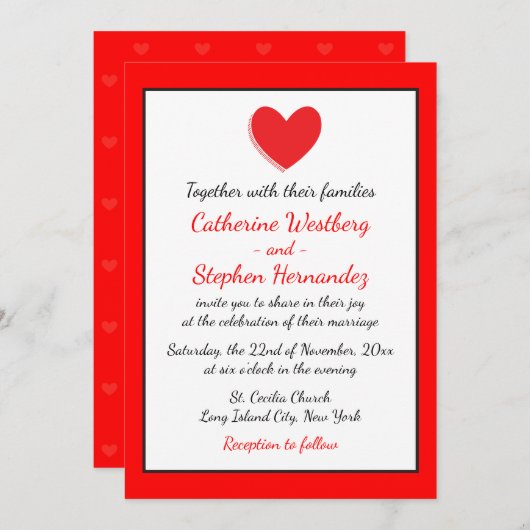 Coeurs Faire-part de mariage rouge, noir et blanc (Devant / Derrière)
