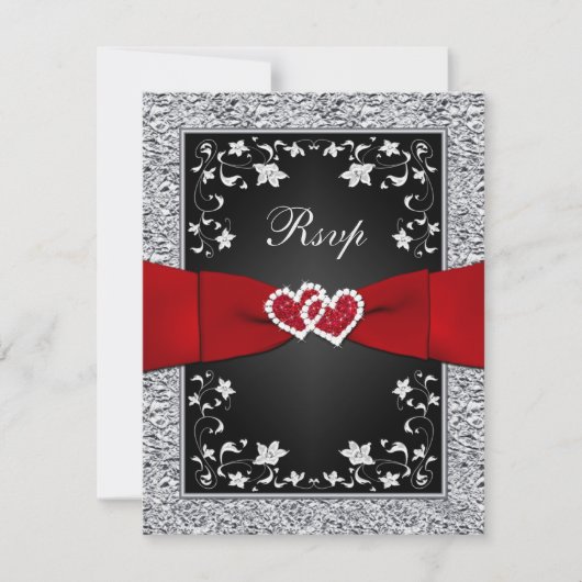 Cœurs Floraux Argent Noir FAUX Feuille de RSVP (Devant)