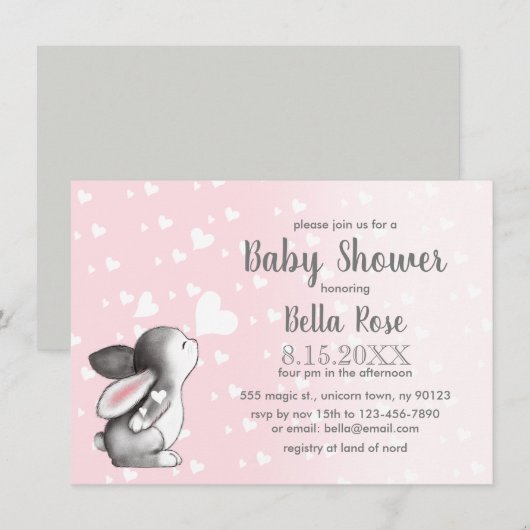 Coeurs gris rose Bunny Girl Baby shower Invitation (Devant / Derrière)