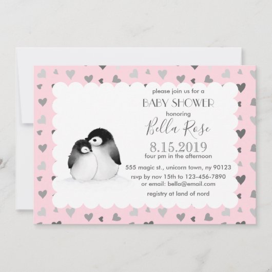 Coeurs gris rose Pingouins Bébé Douche Invitations (Devant)