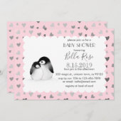 Coeurs gris rose Pingouins Bébé Douche Invitations (Devant / Derrière)
