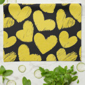 Coeurs jaune et noir Serviette de cuisine (Plié)