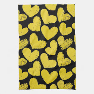 Coeurs jaune et noir Serviette de cuisine