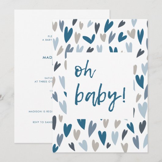 Coeurs modernes Blue Boy Oh Baby shower Invitation (Devant / Derrière)