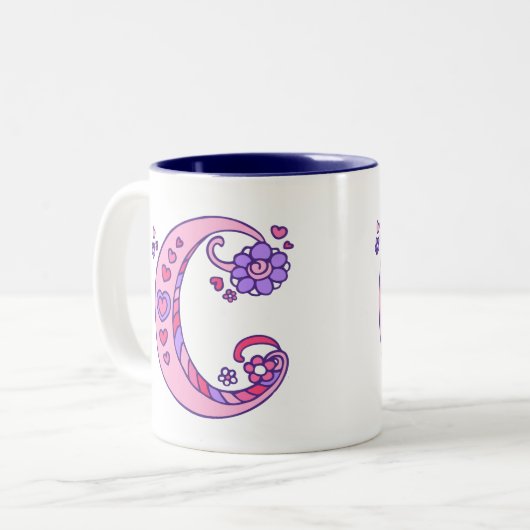 Coeurs Monogramme C décoratifs & fleurs mug rose (Devant gauche)