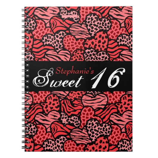 Coeurs motifs d'animaux rouges Sweet 16 Carnet (Devant)