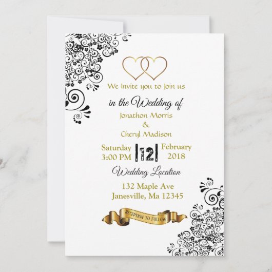 Coeurs noir et or Invitations de mariage (Devant)