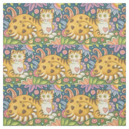 Coeurs N'Stripes Tabby CAT FOLK ART TISSU (Échantillon)