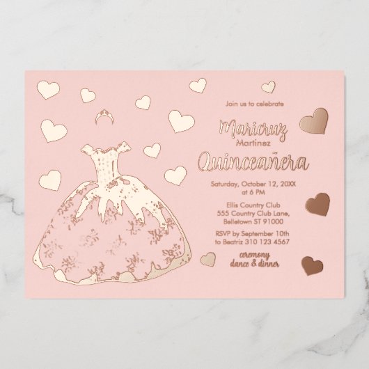 Coeurs or rose Quinceañera Invitation (Recto)